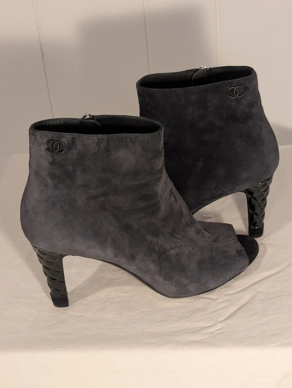 CHANEL Gray Suede Peep-Toe Ankle Booties with Quilted Black Heels